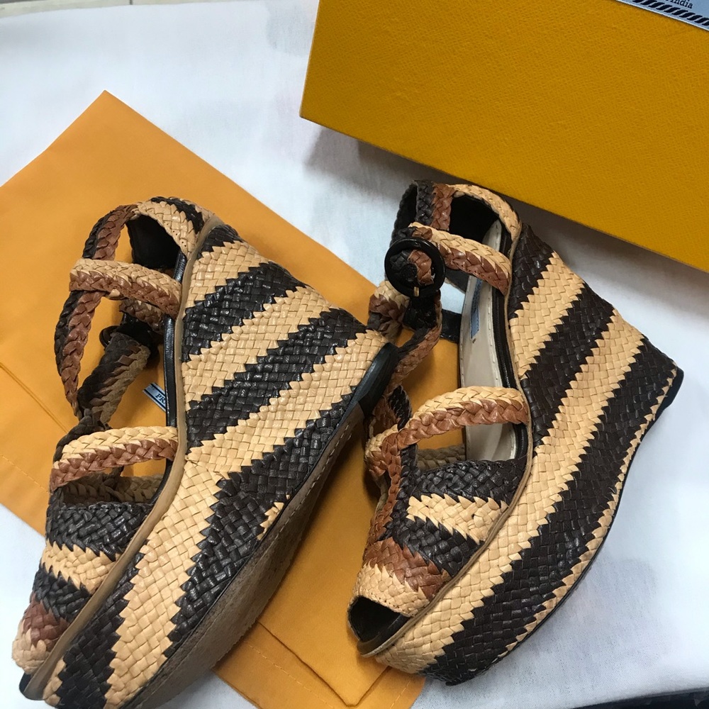 PRADA Brown Woven Leather Peep Toe Wedge Sandals - Picture 11 of 14